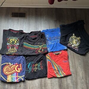 Vintage Coogi Mens T Shirts Lot of 7 Graphic Tribal Rainbow Spell Out Logo XXL